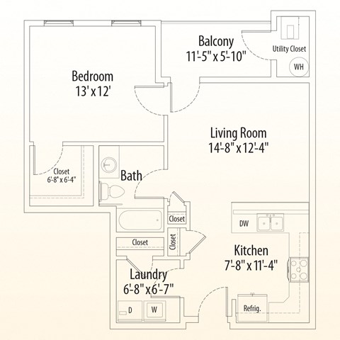 Floor plan for 1 bed, 1 bath, 677 sqft